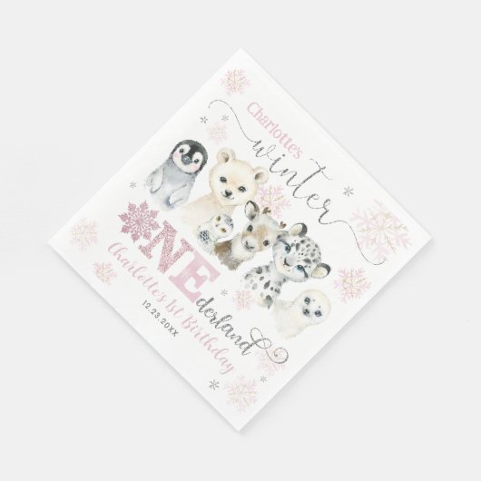 Winter Onederland Arctic Animals Snow 1st Birthday Serviette (Ecke)