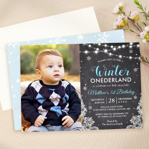 Winter ONEderland Baby Boy Erstes Geburtstag Foto Einladung