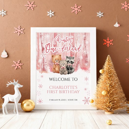 Winter Onederland Bär Rosa Erste Willkommensschild Poster