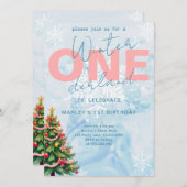 Winter ONEderland Baumschnee blau 1. Geburtstag Einladung (Vorne/Hinten)