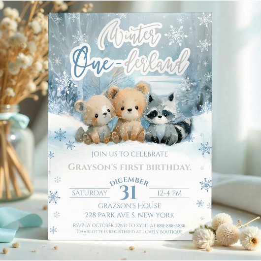 Winter Onederland Bear Baby Blue First Birthday Einladung