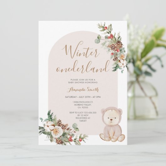Winter onederland Bear Berries Babydusche Einladung (Stehend Vorderseite)