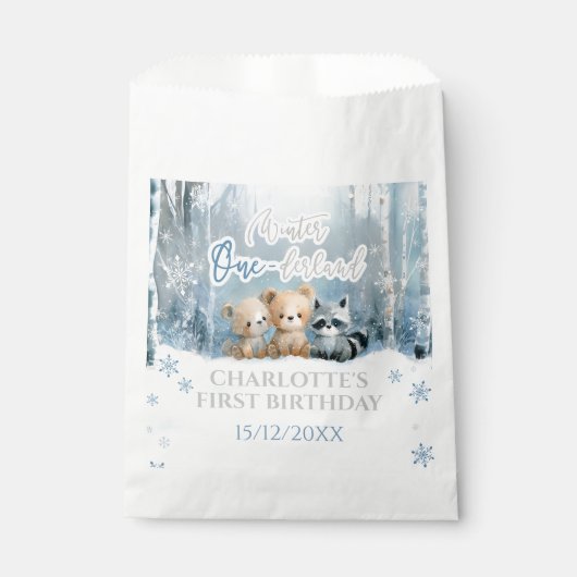 Winter Onederland Bear Blue First Birthday Party Geschenktütchen (Vorderseite)