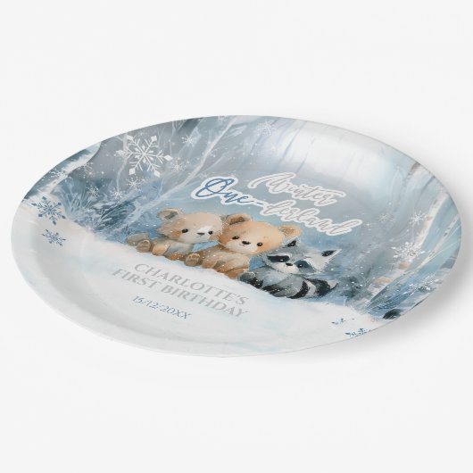 Winter Onederland Bear Blue First Birthday Party Pappteller (Schrägansicht)