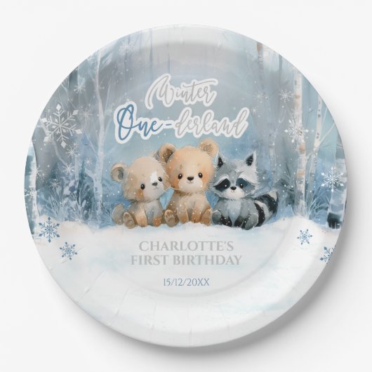 Winter Onederland Bear Blue First Birthday Party Pappteller (Vorderseite)