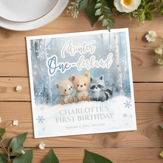 Winter Onederland Bear Blue First Birthday Party Serviette
