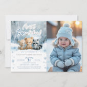 Winter Onederland Bear Blue First Birthday Photo Einladung (Vorderseite)
