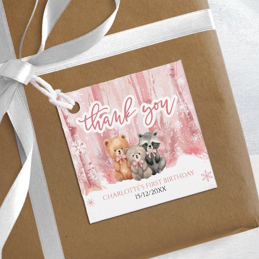 Winter Onederland Bear Pink First Birthday Party Geschenkanhänger