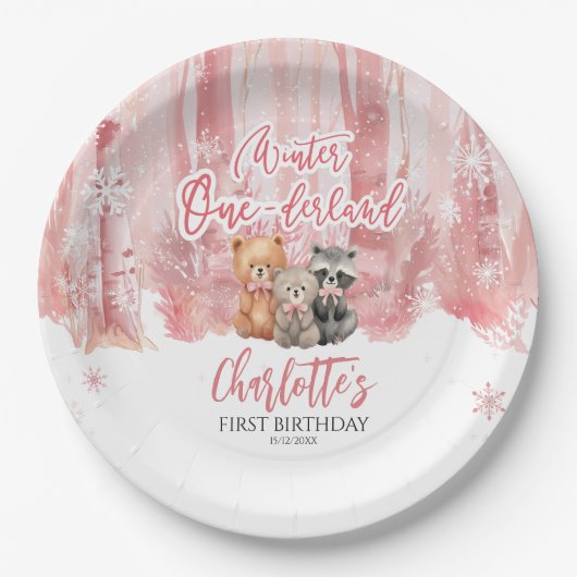 Winter Onederland Bear Pink First Birthday Party Pappteller (Vorderseite)