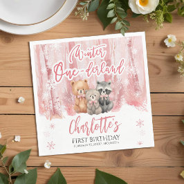 Winter Onederland Bear Pink First Birthday Party Serviette