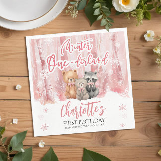 Winter Onederland Bear Pink First Birthday Party Serviette