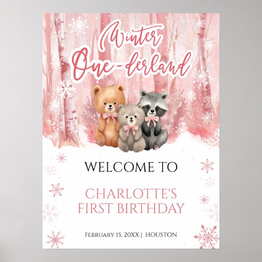 Winter Onederland Bear Pink First Welcome Sign Poster (Vorne)