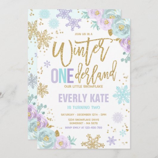 Winter ONEderland Birthday Gold Lila Schneeflocke Einladung (Vorne/Hinten)