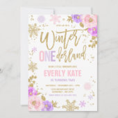 Winter ONEderland Birthday Gold Pink Snowflake Einladung (Vorderseite)