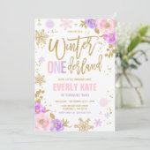 Winter ONEderland Birthday Gold Pink Snowflake Einladung (Stehend Vorderseite)