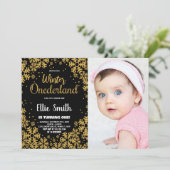 Winter ONEderland Birthday Invitations Gold Foto Einladung (Stehend Vorderseite)