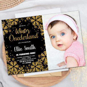 Winter ONEderland Birthday Invitations Gold Foto Einladung