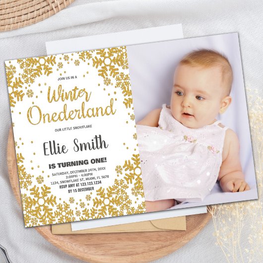 Winter ONEderland Birthday Invitations Gold Foto Einladung