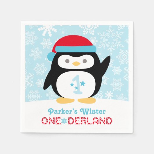Winter ONEderland Birthday Pinguin Party Serviette (Vorderseite)