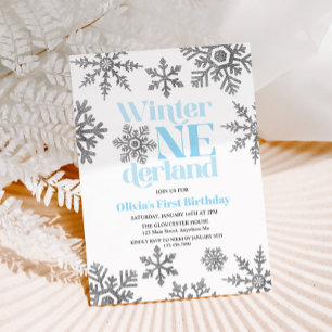 Winter Onederland Blau Silber Schneeflocke Geburts Einladung
