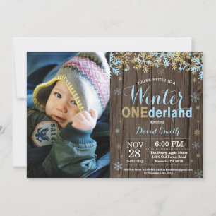 Winter Onederland Blau und Gold Junge 1. Geburtsta Einladung