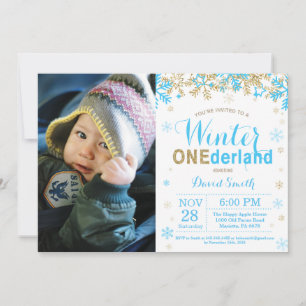 Winter Onederland Blau und Gold Junge 1. Geburtsta Einladung