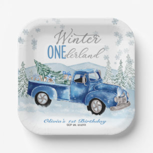 Winter Onederland Blaue Lastwagen Erster Geburtsta Pappteller