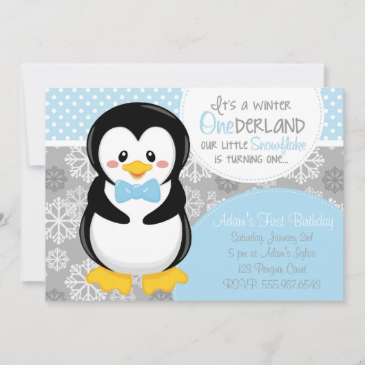 Winter ONEderland blaue Pinguin-Einladung Einladung (Vorderseite)