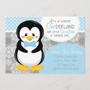 Winter ONEderland blaue Pinguin-Einladung Einladung