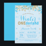 Winter Onederland Blue and Gold Boy 1st Birthday Einladung<br><div class="desc">Winter Onederland Blue and Gold Boy 1st Birthday Invitation. 1st First Birthday Party. Blue and Gold Glitter Snowflake. Boy Birthday Party Invitation. Winter Holiday Bday. 1st First Birthday. White Background. For further customization,  please click the "Customize it" button and use our design tool to modify this template</div>