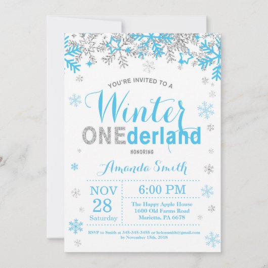 Winter Onederland Blue and Silver Boy 1st Birthday Einladung (Vorderseite)