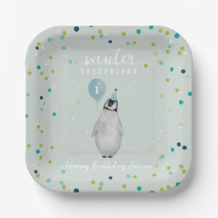 Winter Onederland Blue Balloon Pinguin Birthday Pappteller