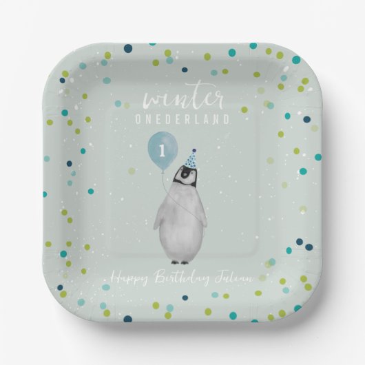 Winter Onederland Blue Balloon Pinguin Birthday Pappteller (Vorderseite)