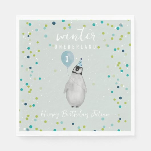Winter Onederland Blue Birthday Balloon Penguin Serviette (Vorderseite)