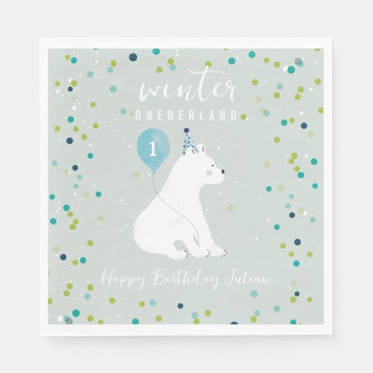 Winter Onederland Blue Birthday Balloon Polar Bear Serviette (Vorderseite)