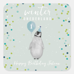 Winter Onederland Blue Birthday Penguin Balloon Quadratischer Aufkleber