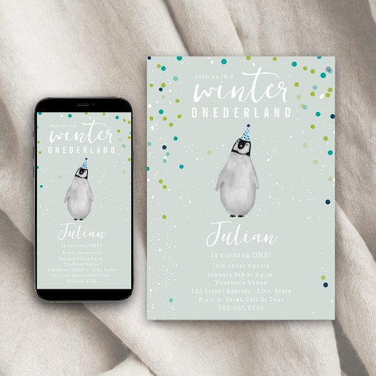 Winter Onederland Blue Birthday Penguin Confetti Einladung