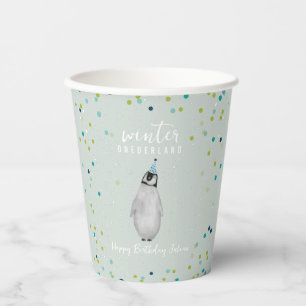 Winter Onederland Blue Birthday Penguin Confetti Pappbecher