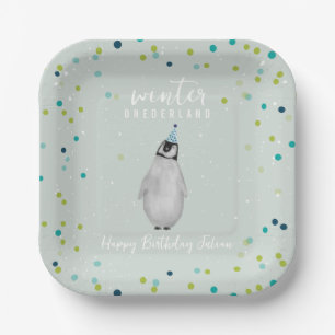 Winter Onederland Blue Birthday Penguin Confetti Pappteller