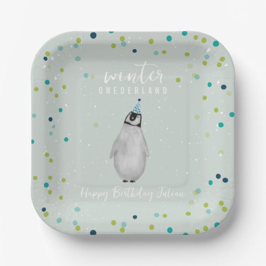 Winter Onederland Blue Birthday Penguin Confetti Pappteller (Vorderseite)