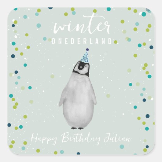 Winter Onederland Blue Birthday Penguin Confetti Quadratischer Aufkleber (Vorderseite)