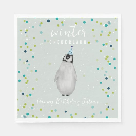 Winter Onederland Blue Birthday Penguin Confetti Serviette (Vorderseite)