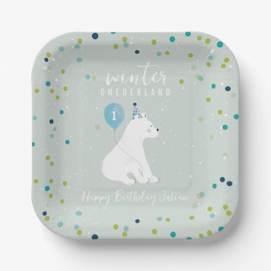Winter Onederland Blue Birthday Polar Bear Snow Pappteller (Vorderseite)