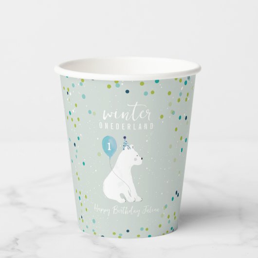 Winter Onederland Blue Birthday Snow Polar Bear Pappbecher (Vorderseite)