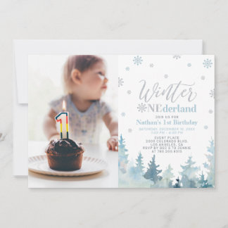 Winter Onederland Blue Boy 1. Geburtstag Foto Einladung