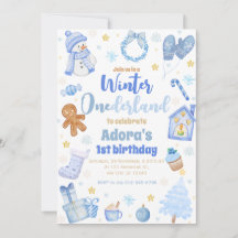 Winter ONEderland Blue Christmas Birthday Einladun