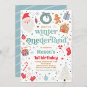 Winter ONEderland Blue Christmas Geburtstagsparty Einladung (Vorne/Hinten)