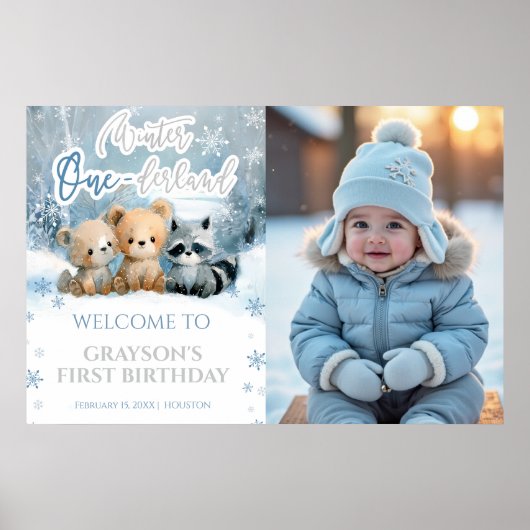 Winter Onederland Blue First Photo Welcome Sign Poster (Vorne)
