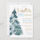 Winter ONEderland Blue Gold Junge 1. Geburtstag Einladung (Vorderseite)