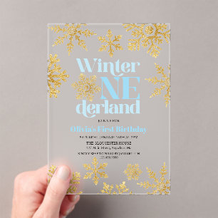 Winter Onederland Blue Gold Schneeflocke 1. Geburt Acryleinladungen